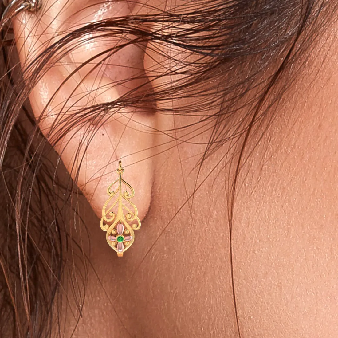 14k Dainty Earrings With Unique Design And Yellow Gold Floral Motif