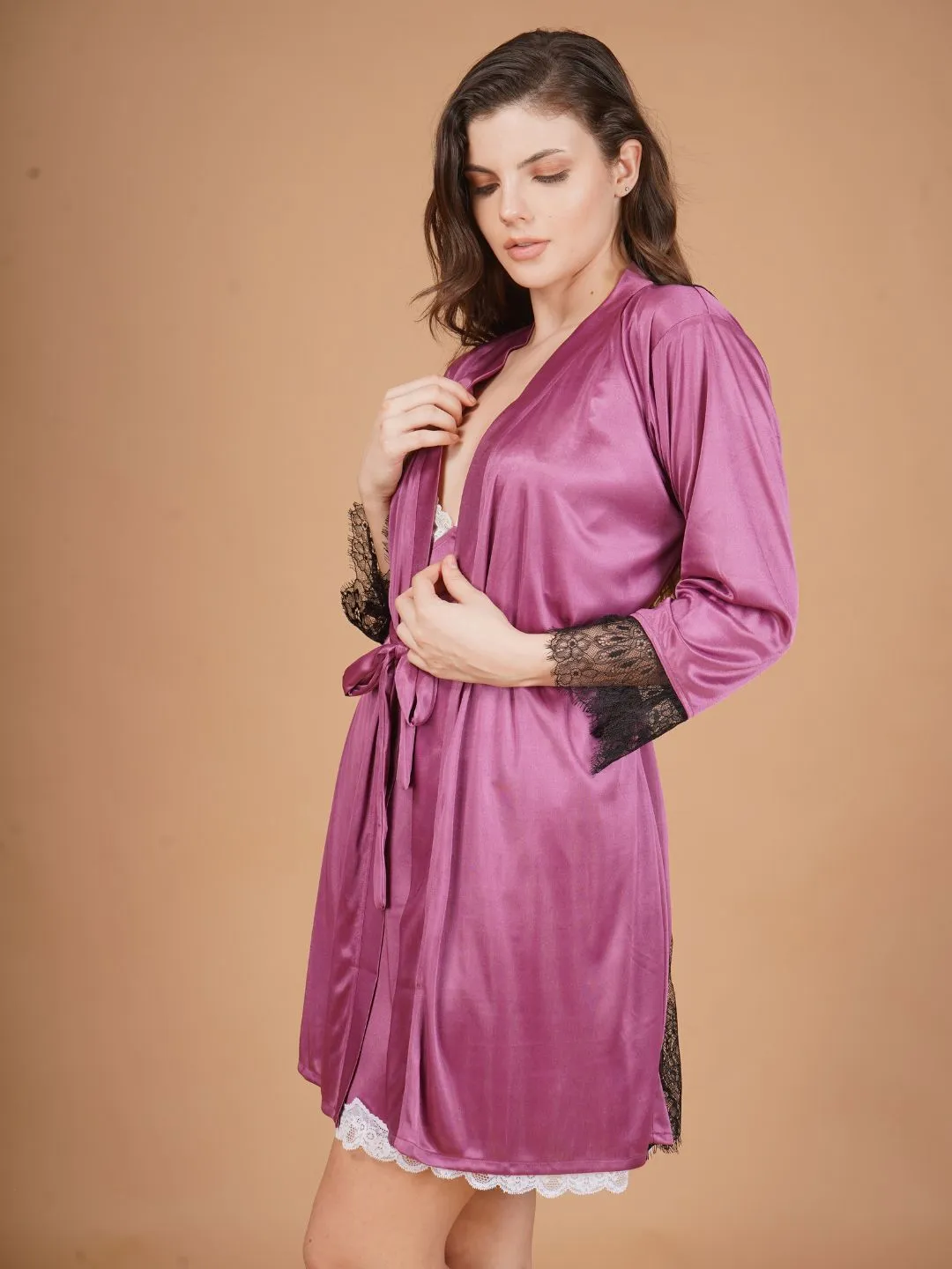 Back Lace Burgundy Satin Robe