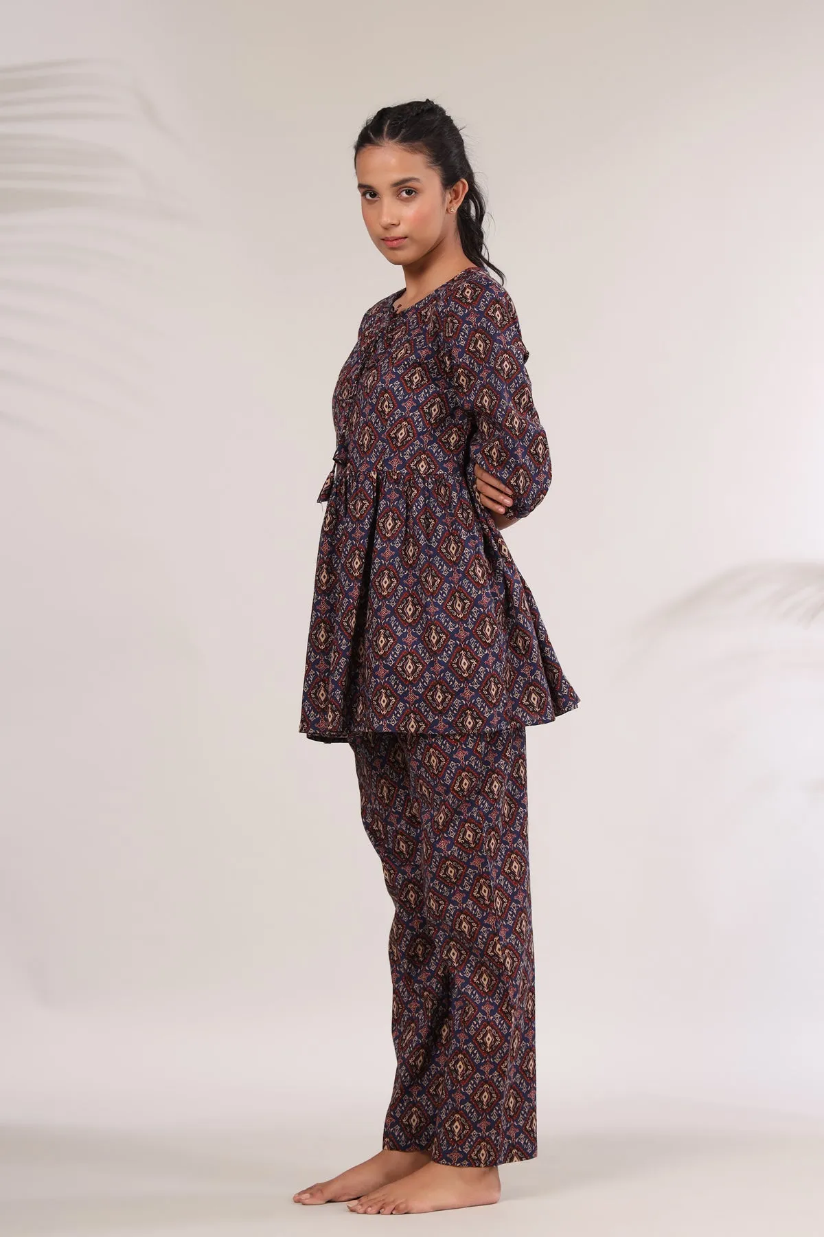 Bagru Kalamkari Print on Blue Peplum Top Set