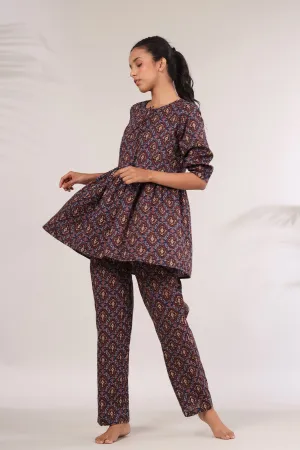 Bagru Kalamkari Print on Blue Peplum Top Set