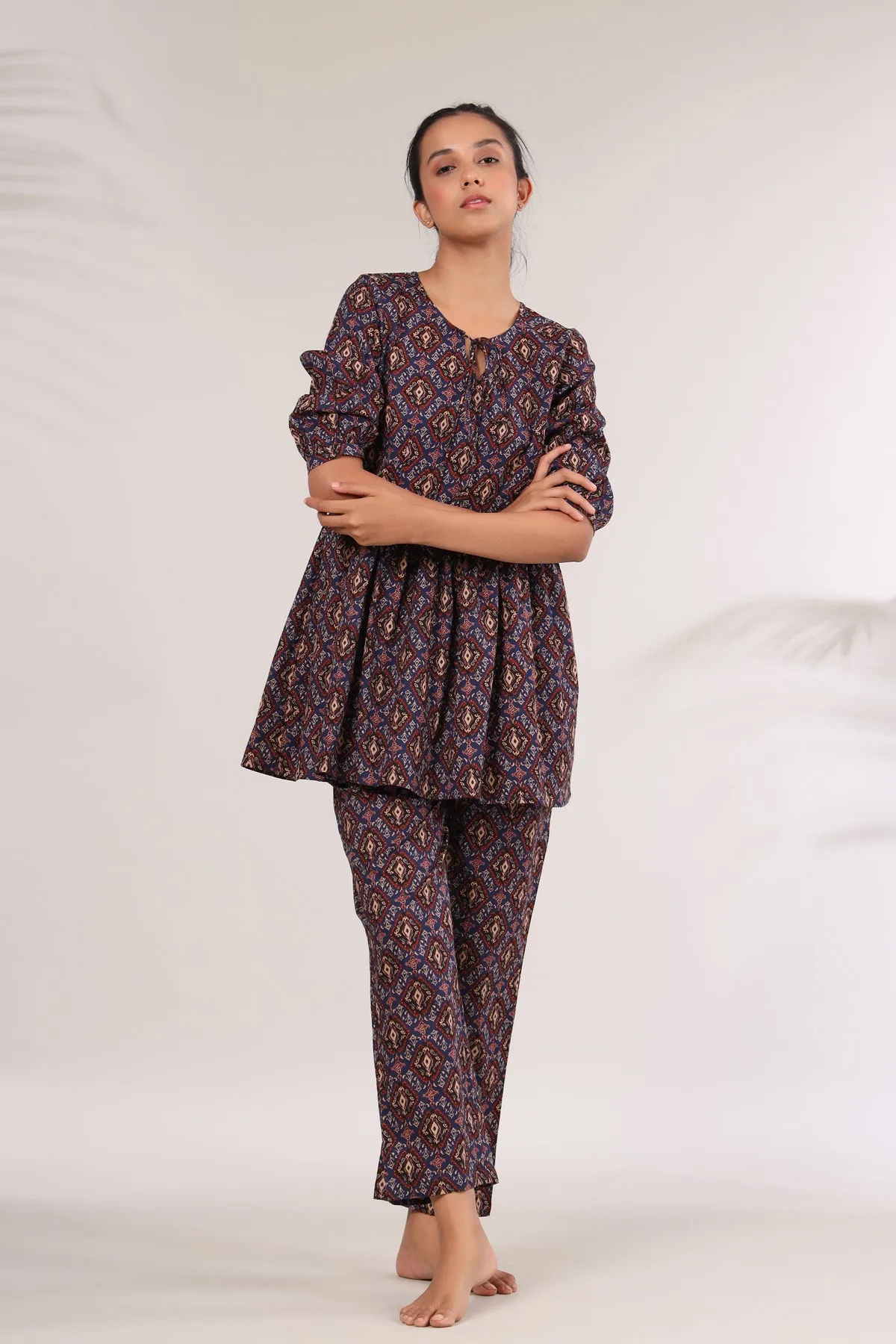 Bagru Kalamkari Print on Blue Peplum Top Set