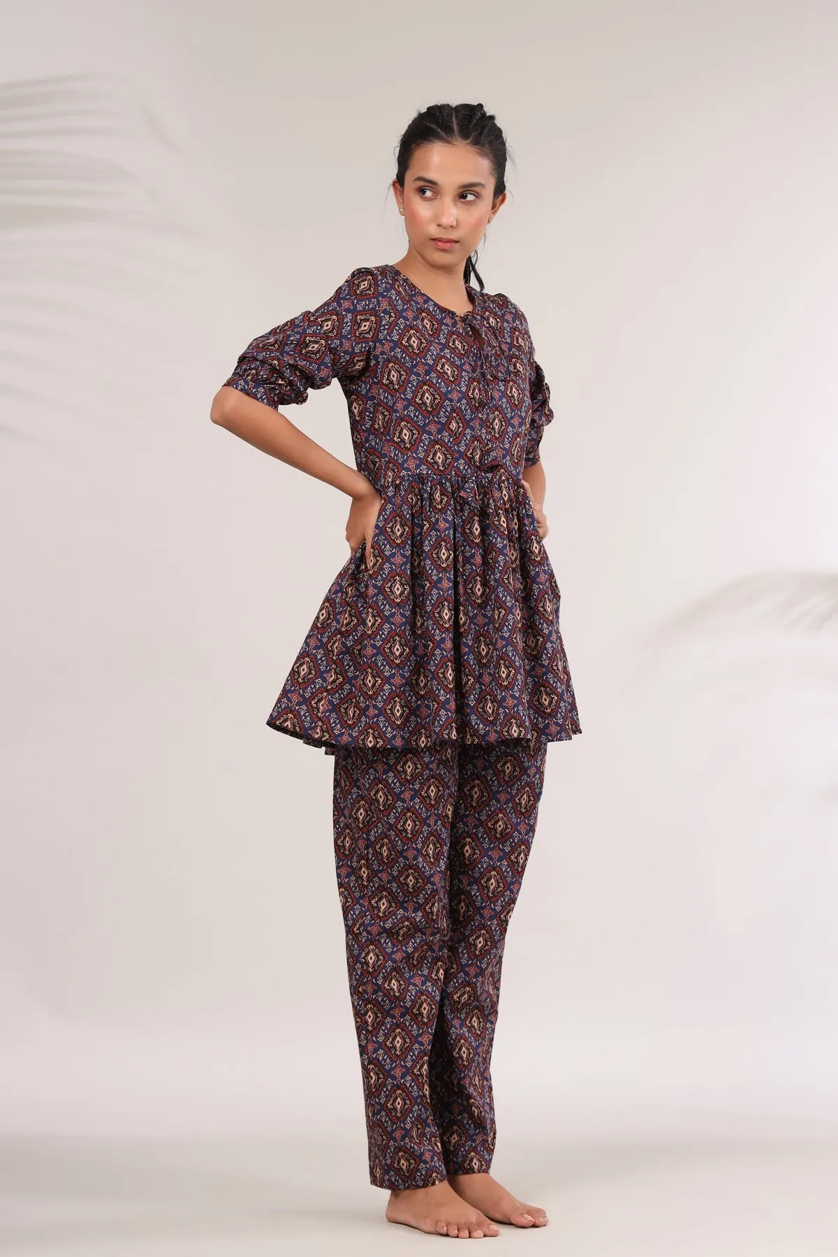 Bagru Kalamkari Print on Blue Peplum Top Set