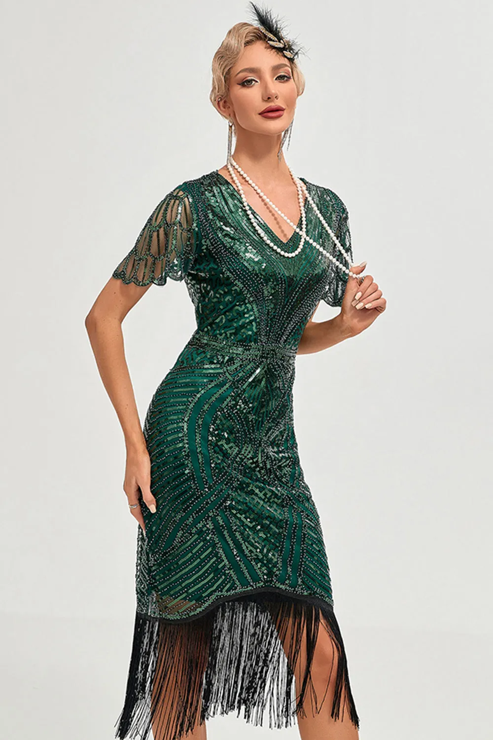 Beading Dark Green Glitter Fringes Flapper Dress with Accessories Set