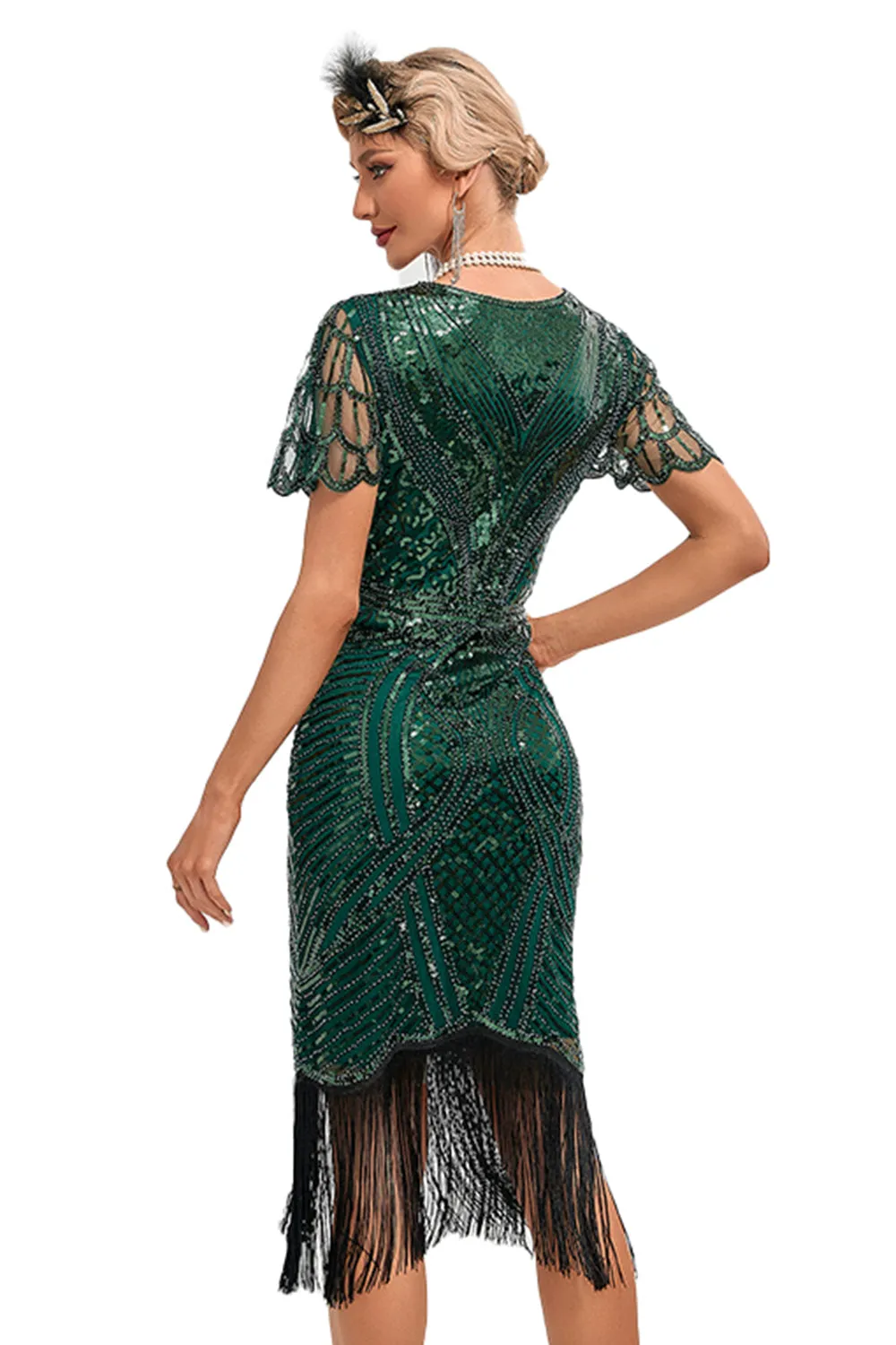 Beading Dark Green Glitter Fringes Flapper Dress with Accessories Set