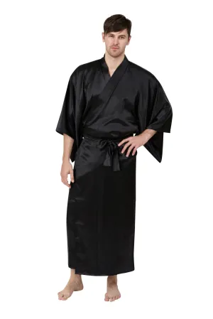 Black Fortune Mens Long Poly Satin Kimono