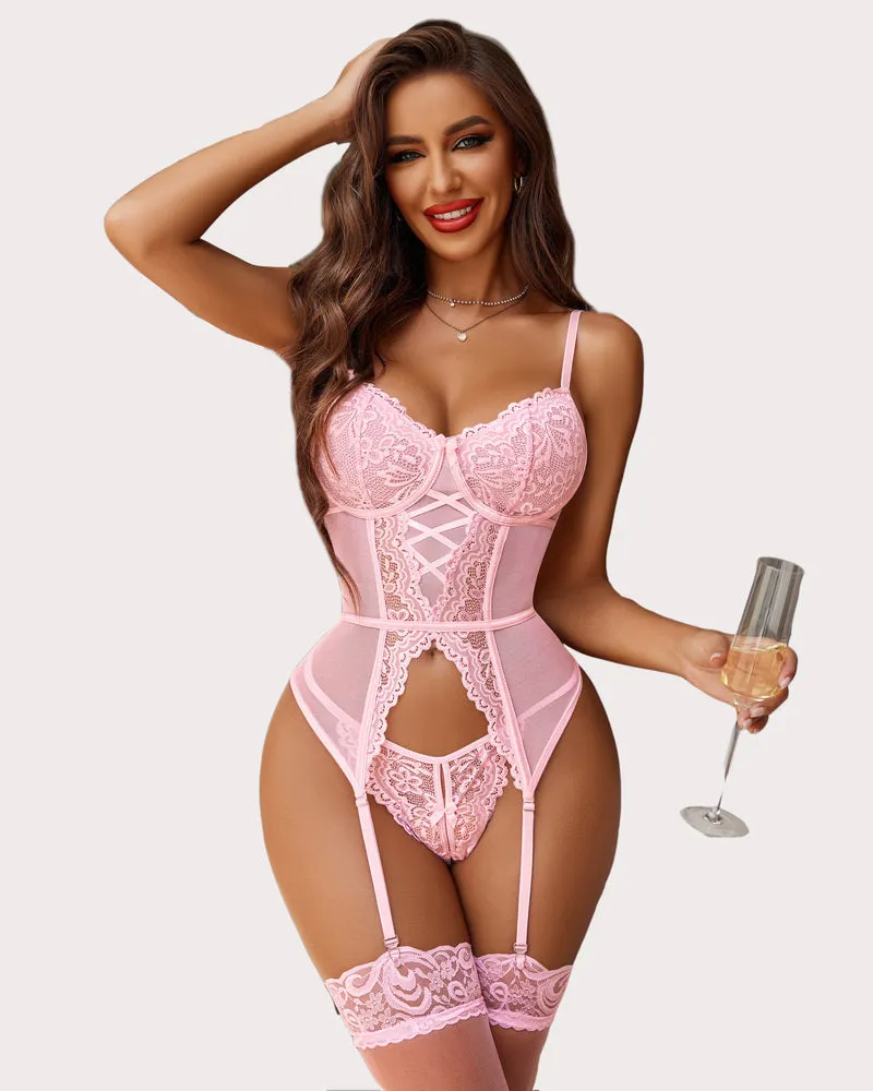 Floral Lace Bodysuit Bra and Panty Set