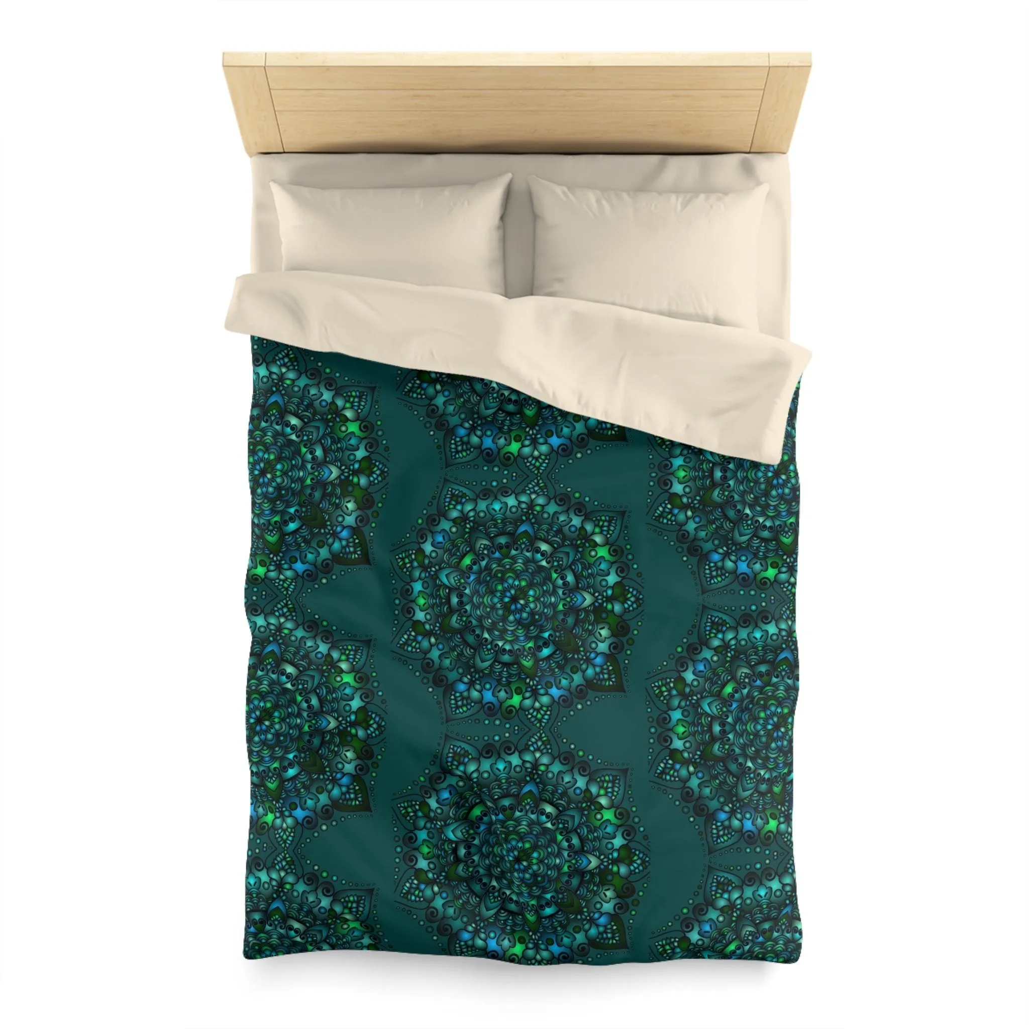 Handmade Mandala Design Microfiber Duvet Cover - Green Mandala on Dark Petroleum Green Background