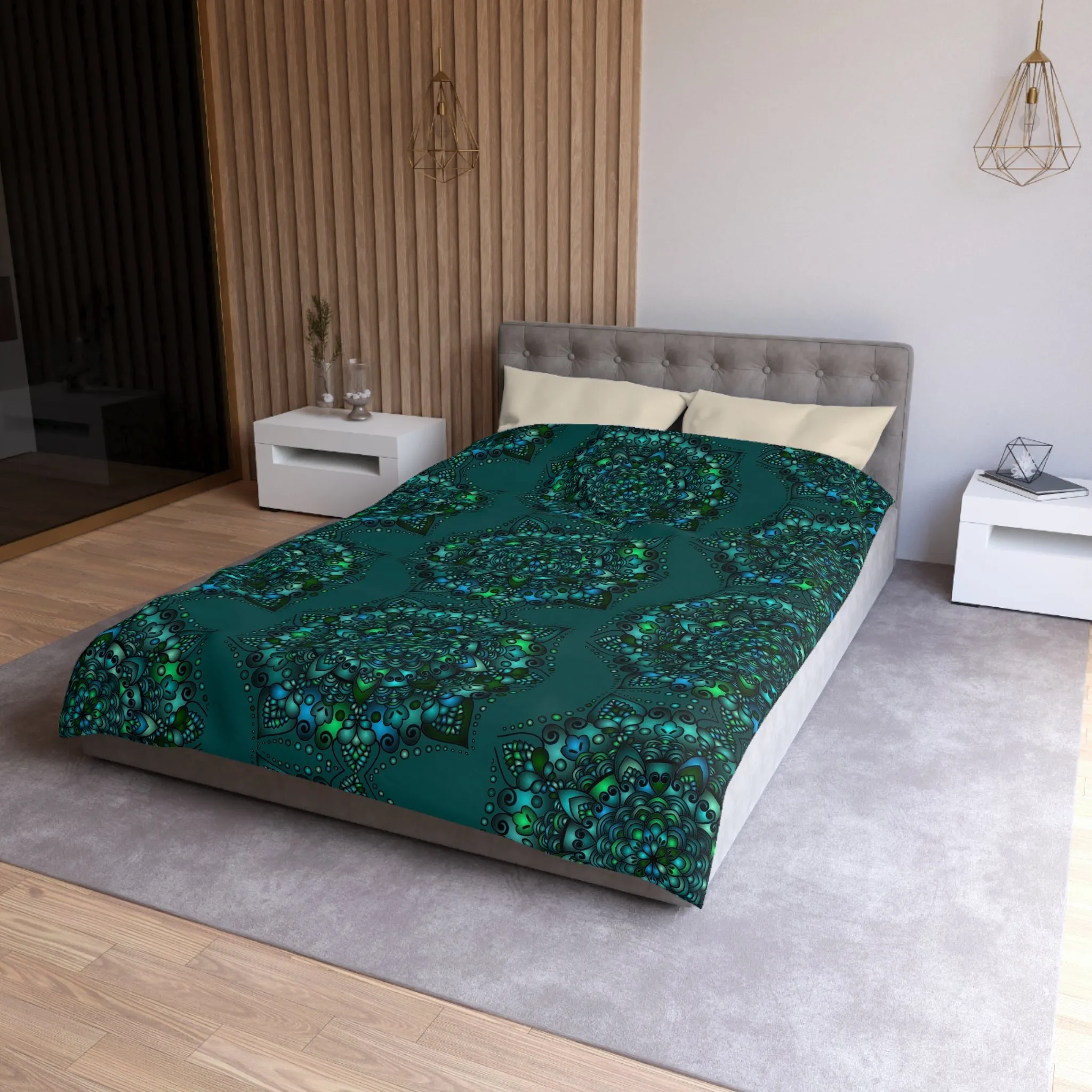 Handmade Mandala Design Microfiber Duvet Cover - Green Mandala on Dark Petroleum Green Background