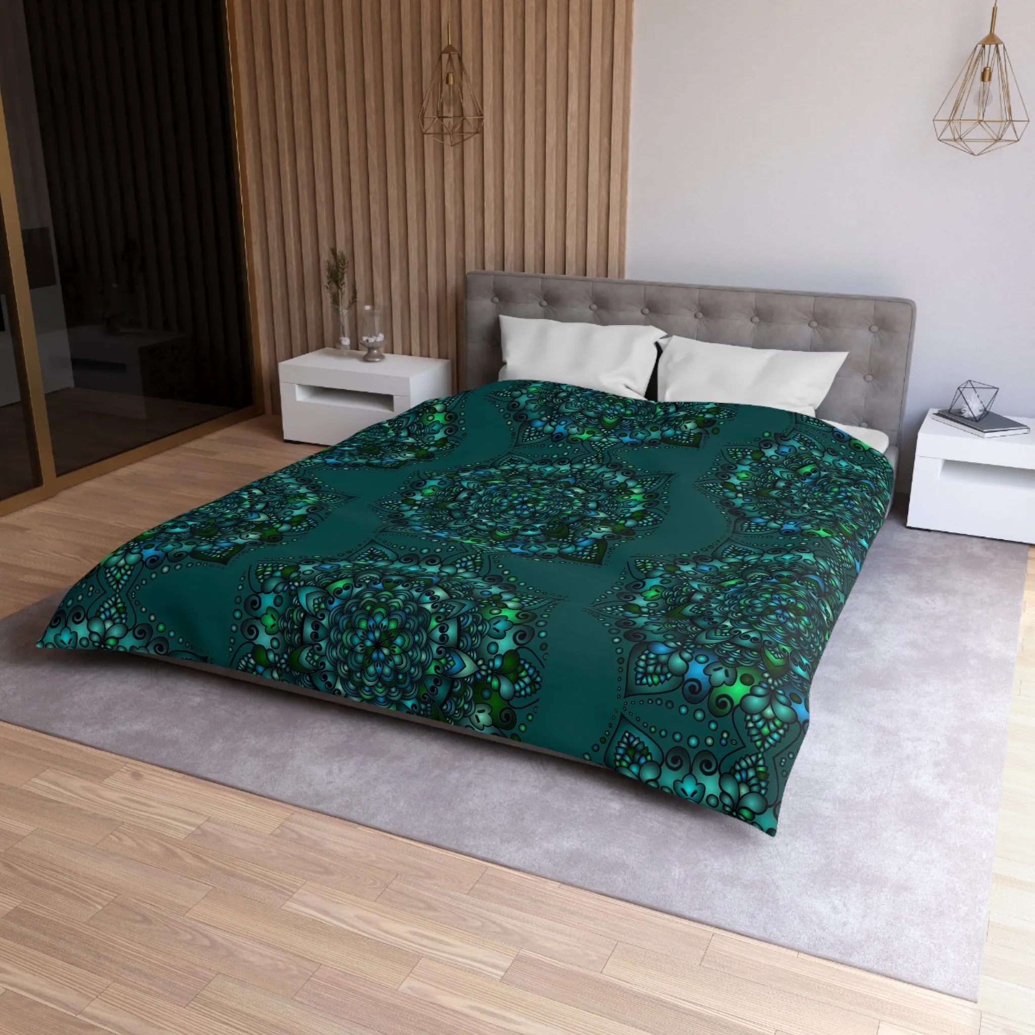 Handmade Mandala Design Microfiber Duvet Cover - Green Mandala on Dark Petroleum Green Background