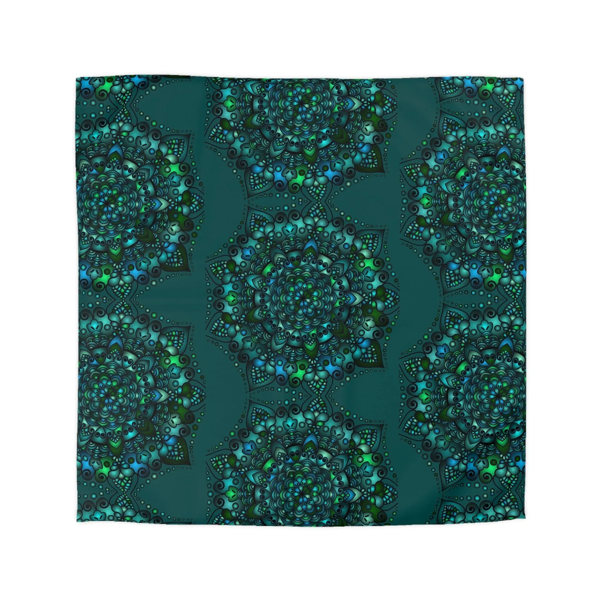 Handmade Mandala Design Microfiber Duvet Cover - Green Mandala on Dark Petroleum Green Background