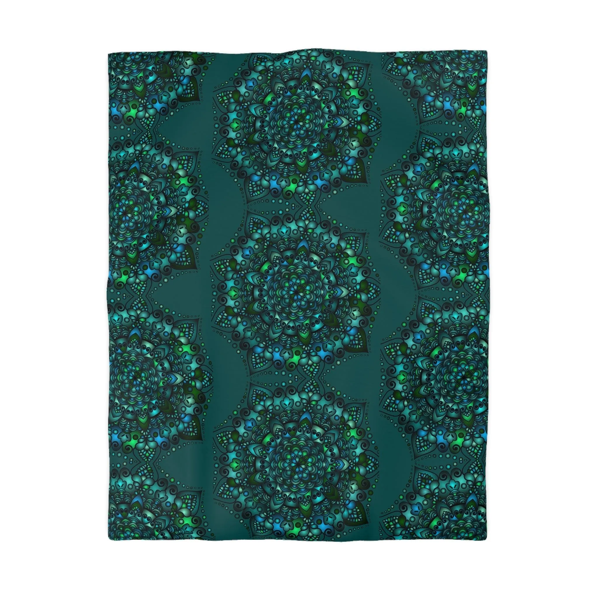 Handmade Mandala Design Microfiber Duvet Cover - Green Mandala on Dark Petroleum Green Background