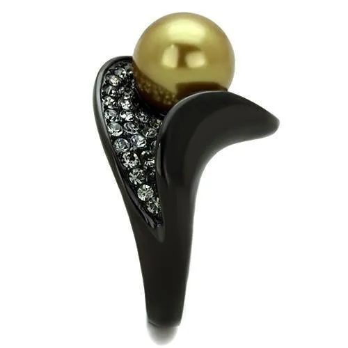 IP Black(Ion Plating) Stainless Steel Ring with Synthetic Pearl in Champagne for Women Style TK1732