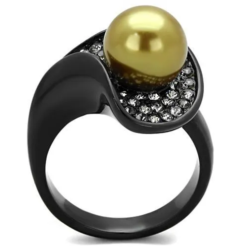 IP Black(Ion Plating) Stainless Steel Ring with Synthetic Pearl in Champagne for Women Style TK1732