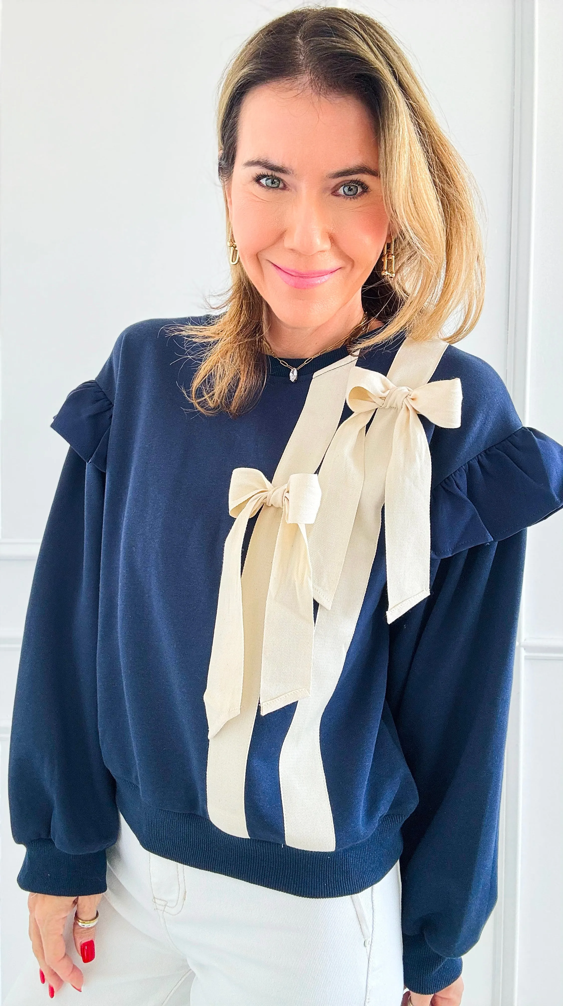 Navy Bow Ruffle Sweatshirt