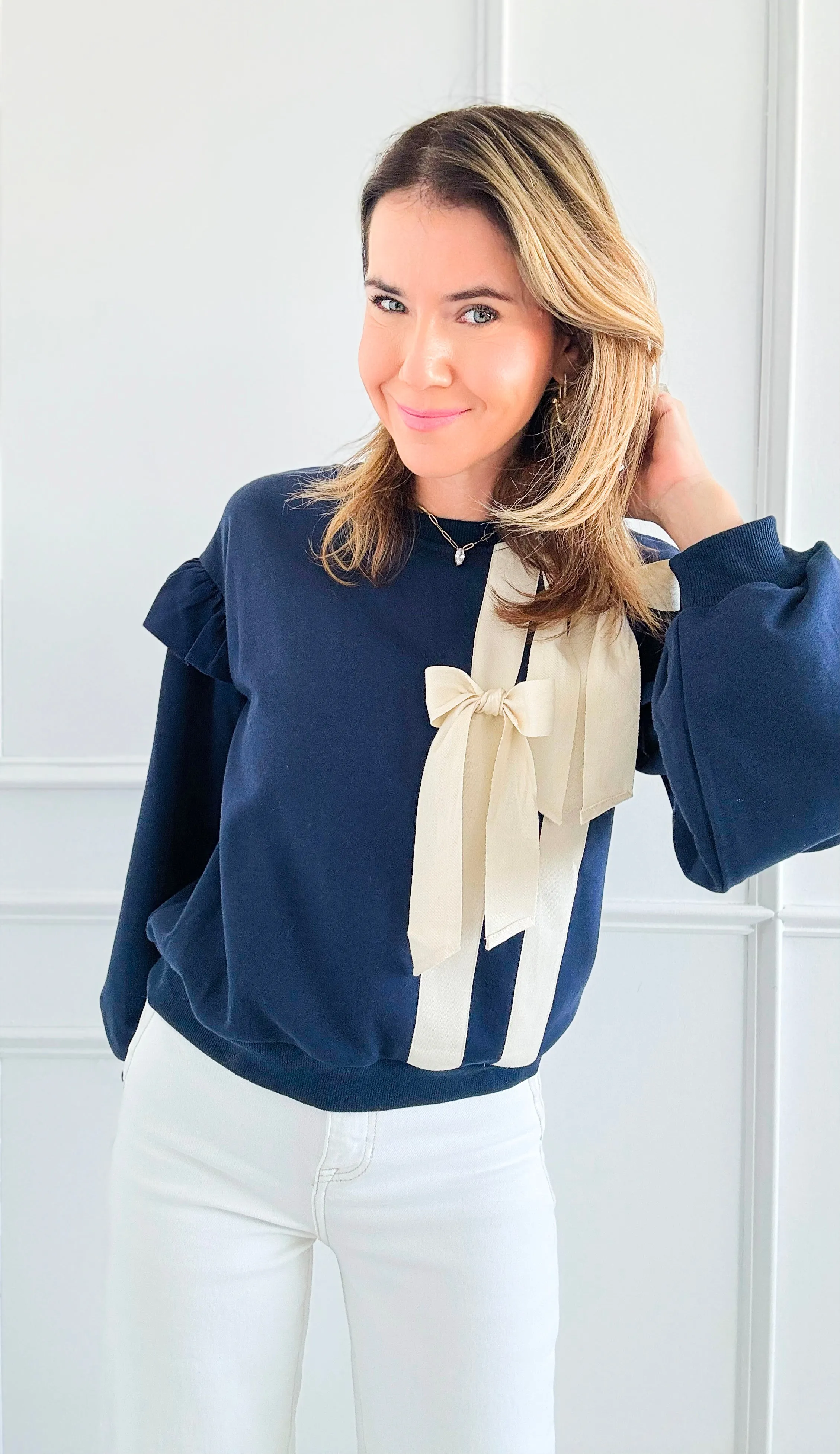 Navy Bow Ruffle Sweatshirt