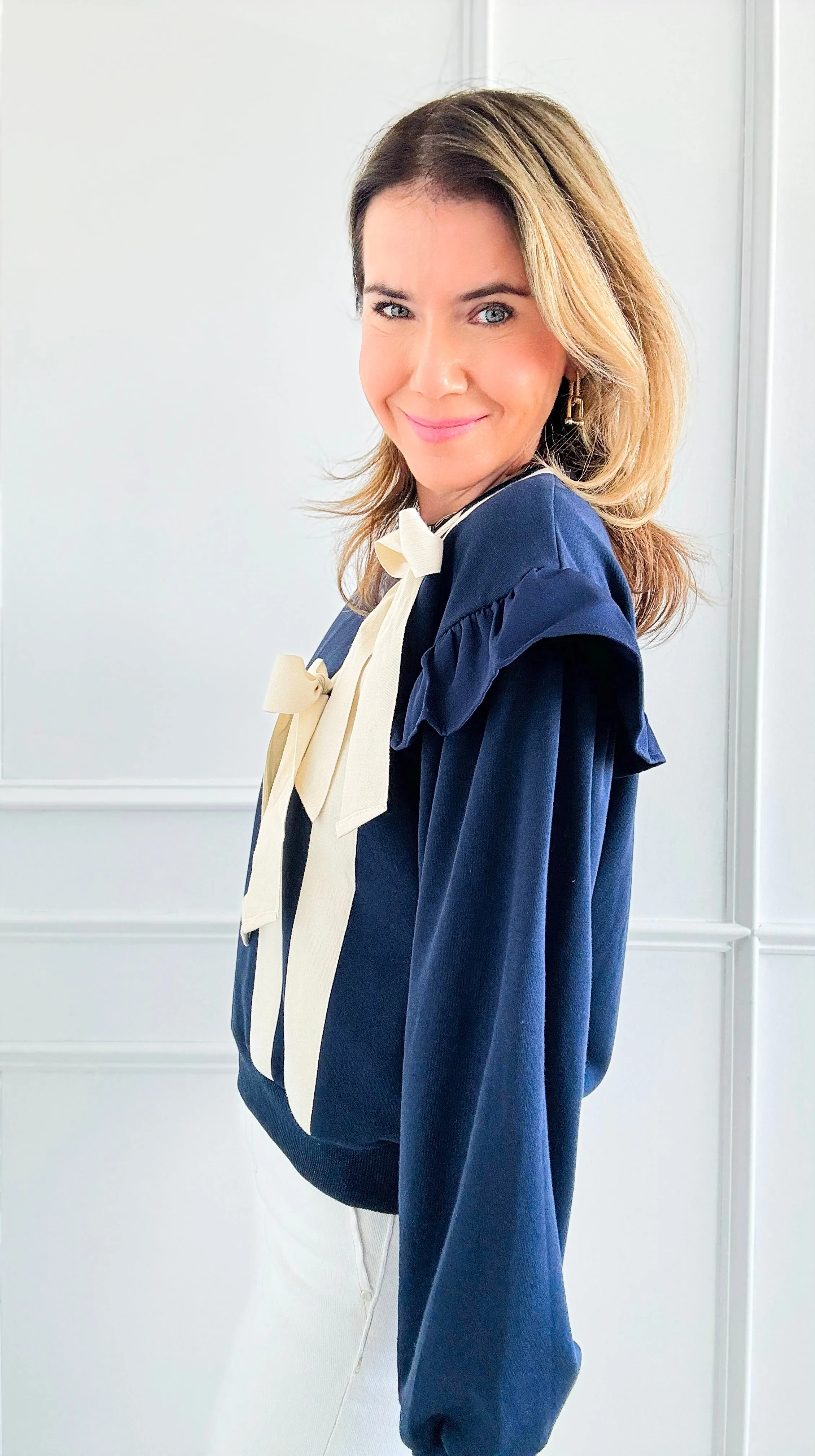 Navy Bow Ruffle Sweatshirt