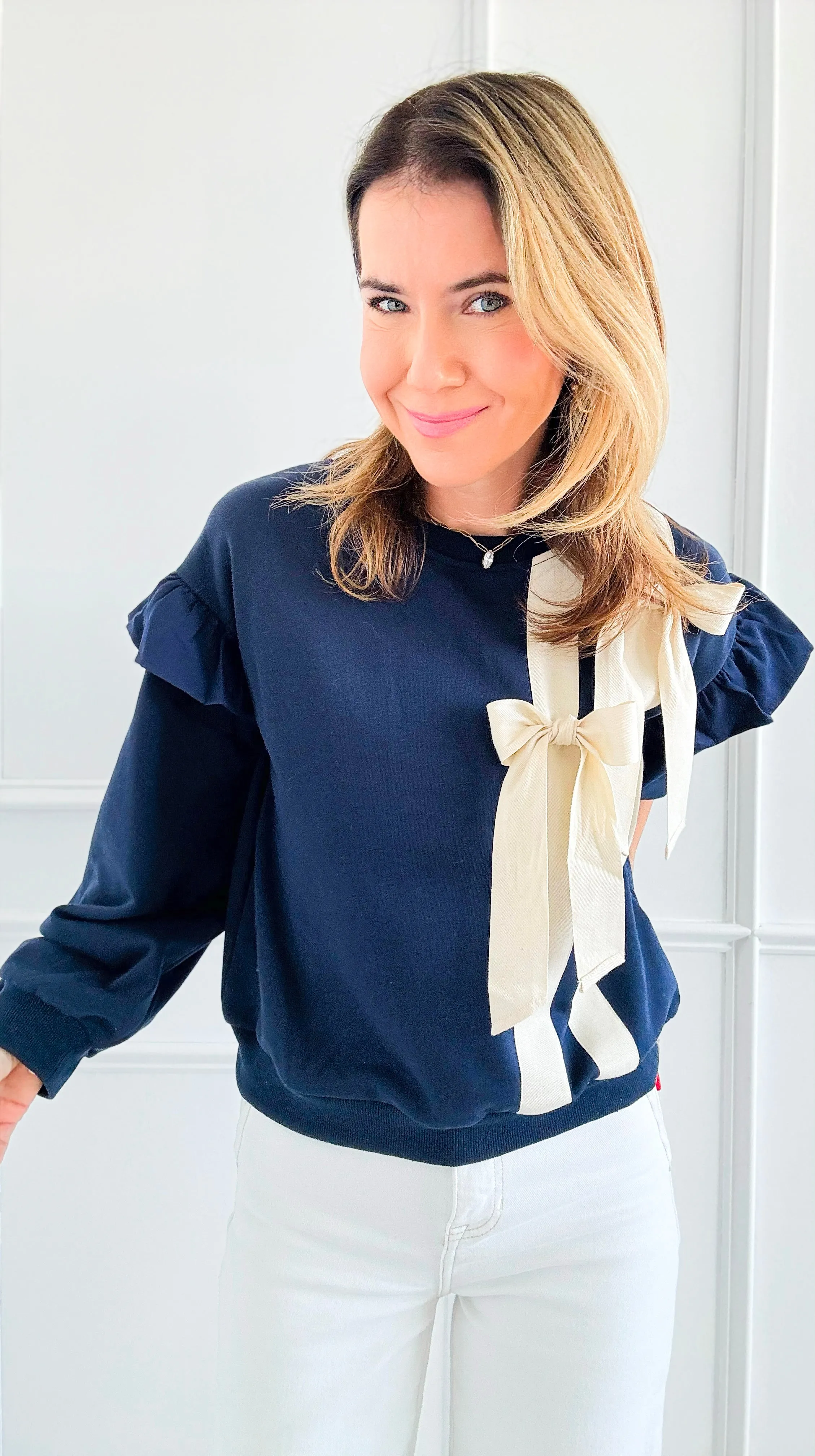 Navy Bow Ruffle Sweatshirt