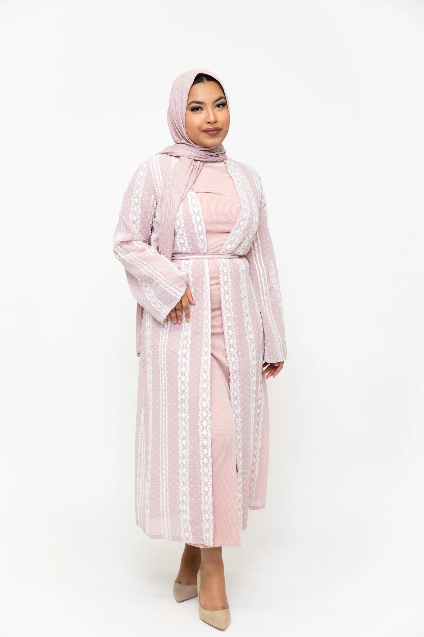 Pink Boho Lace Embroidered Sheer Midi Cardigan