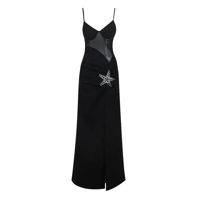 Pre Order:  Black Sheer Beaded Rhinestones Long-Split Dress