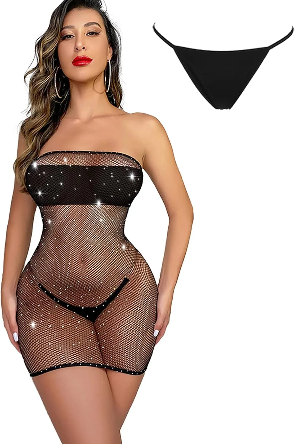 "Seductive Rhinestone Fishnet Bodysuit - Strappy Mesh Dress for Unforgettable Nights"