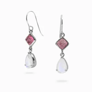 Rainbow Moonstone & Pink Tourmaline Drop Earrings