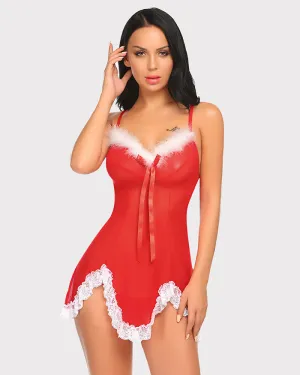 Red Santa Lace Chemise V Neck Sleepwear