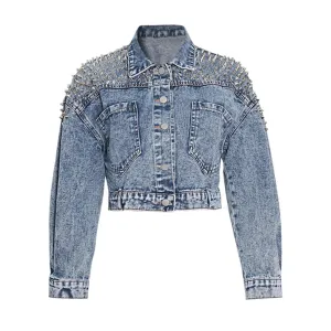 Spliced Rivet Casual Denim Jackets For Women Lapel Long Sleeve Patchwork Single Breasted Streetwear Jacket Female