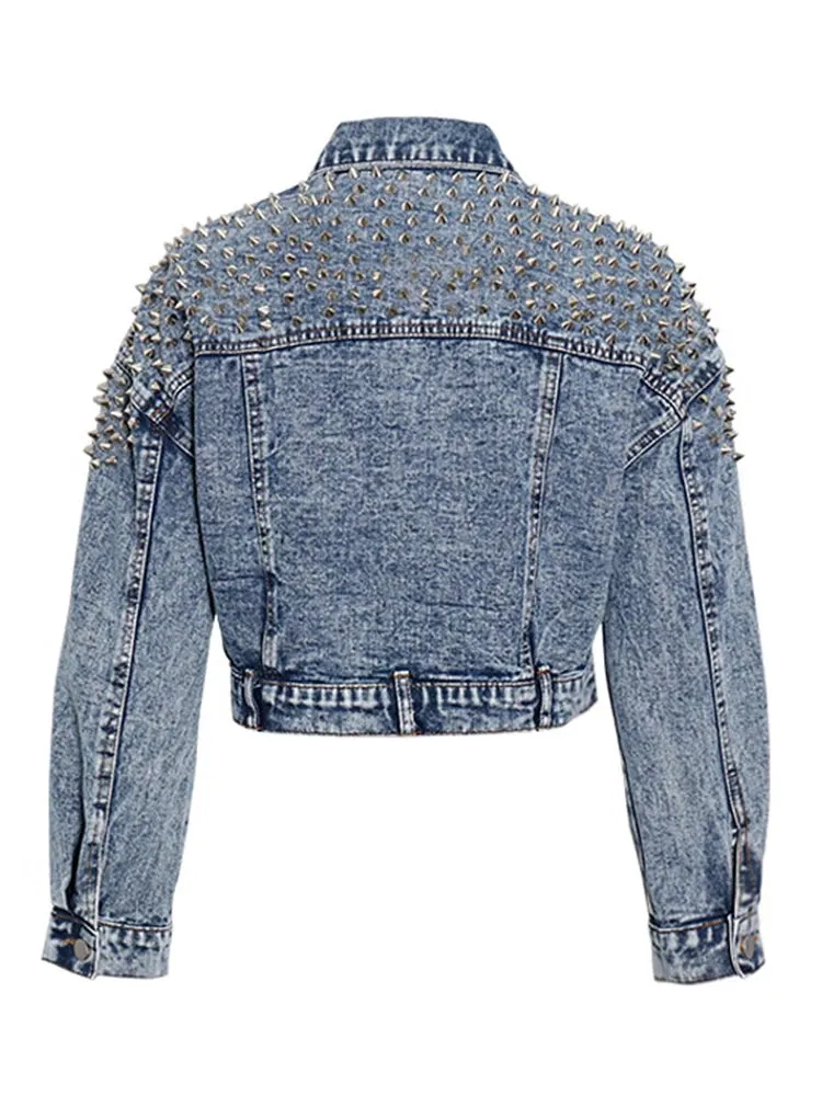 Spliced Rivet Casual Denim Jackets For Women Lapel Long Sleeve Patchwork Single Breasted Streetwear Jacket Female