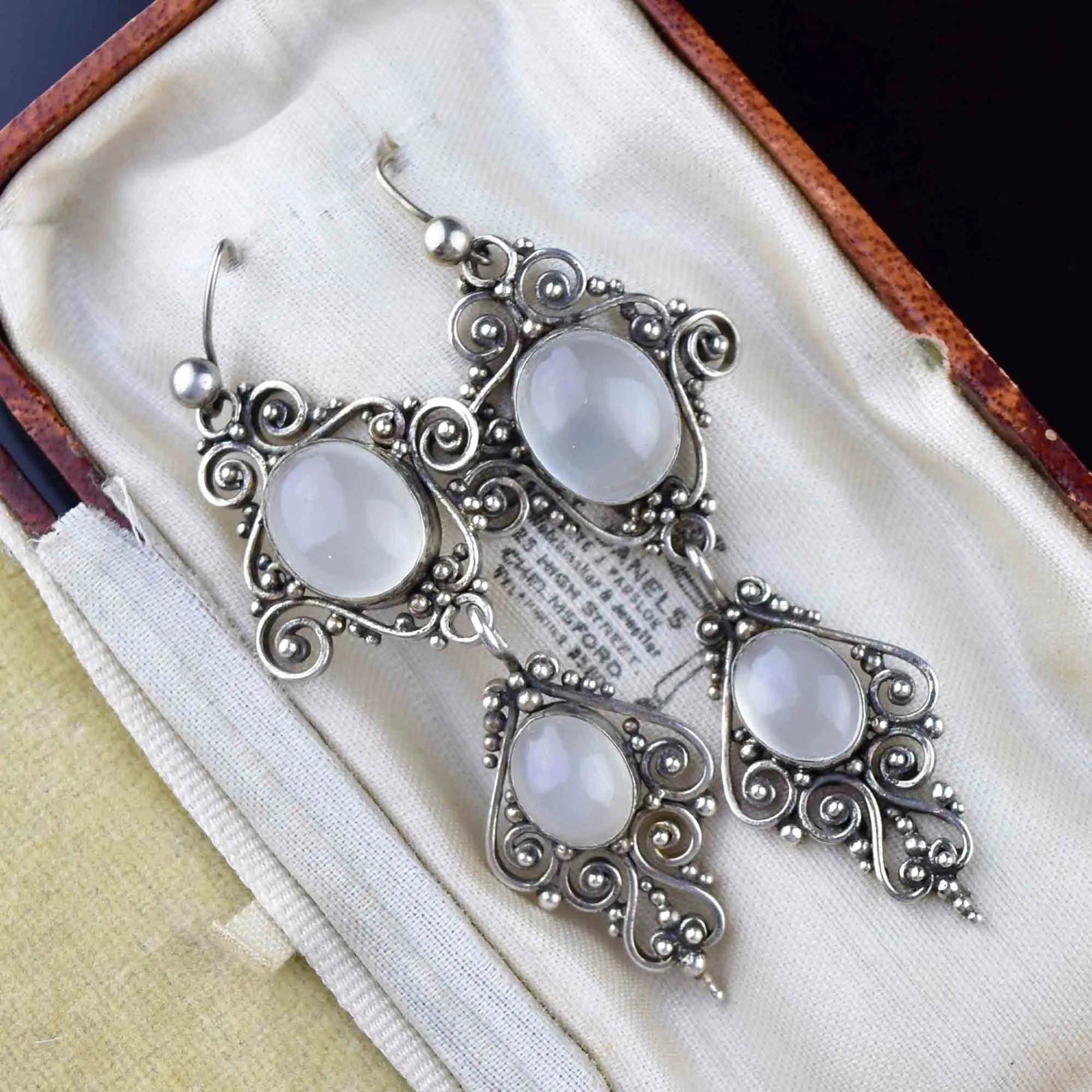 Vintage Moonstone Cabochon Silver Drop Earrings