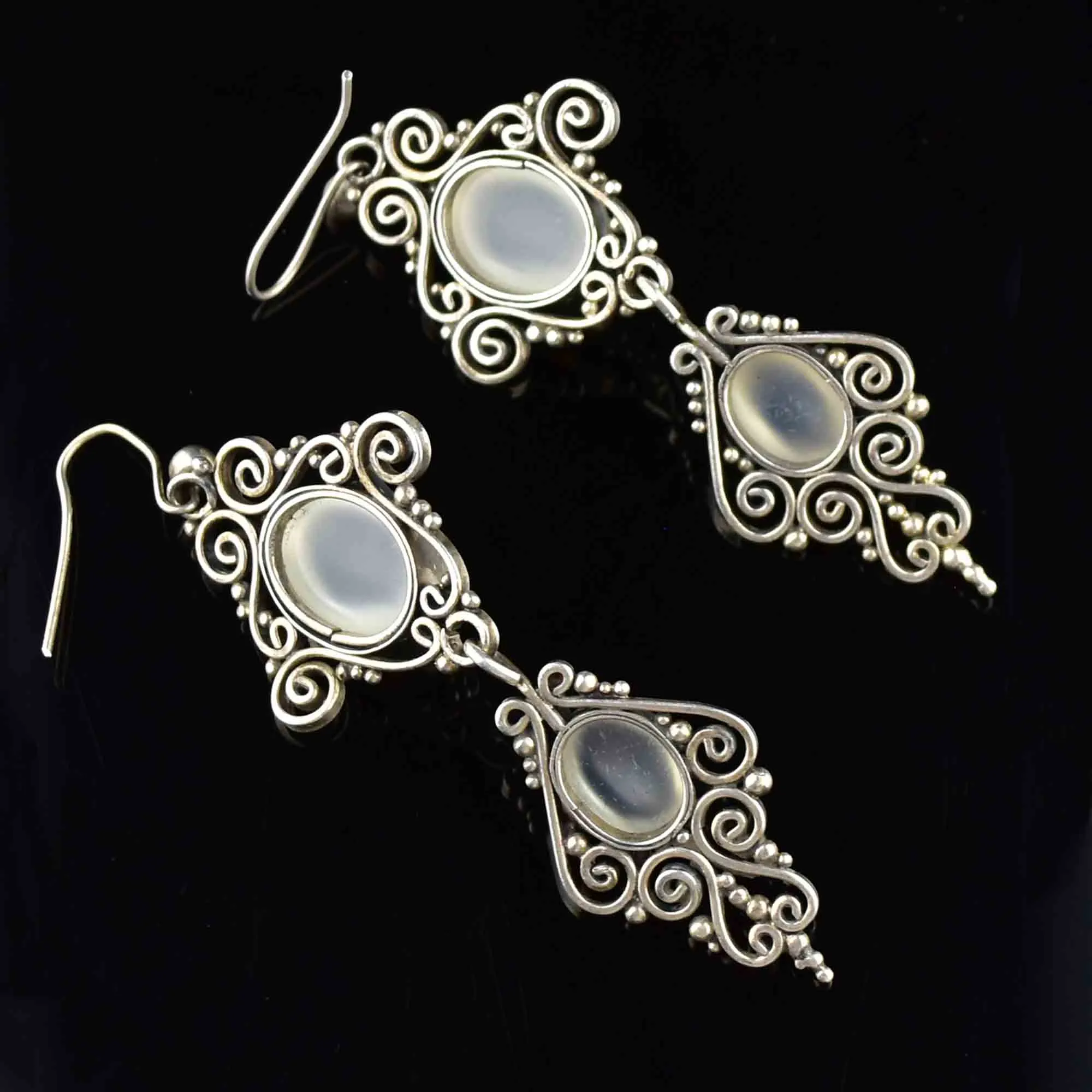 Vintage Moonstone Cabochon Silver Drop Earrings