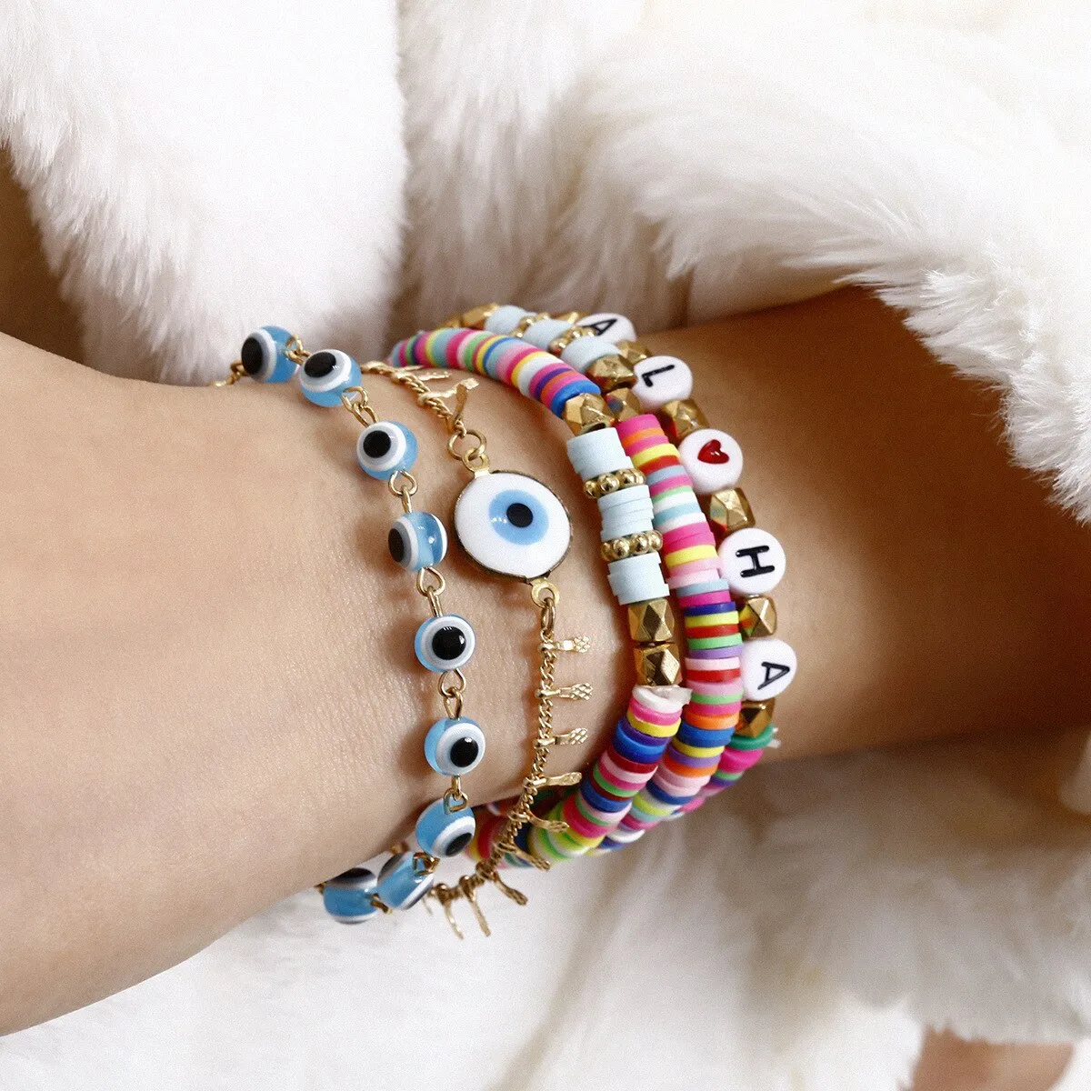 Women Handmade Weave Rope Multilayer Eye Shell Letter Beaded Charm Bracelet